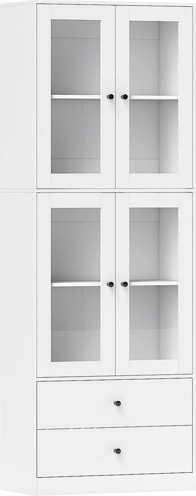HOMCOM Armário de Cozinha Alto Móvel Auxiliar de Cozinha com 4 Portas de Vidro 2 Gavetas Prateleiras Ajustáveis 59x30x170 cm Branco | Aosom Portugal