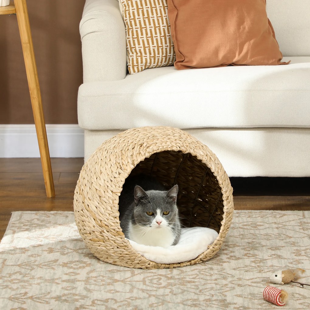 Cama para gatos 45 x 41 x 37 cm com almofada macia e interior espaçoso, em tecido de linho, castanho