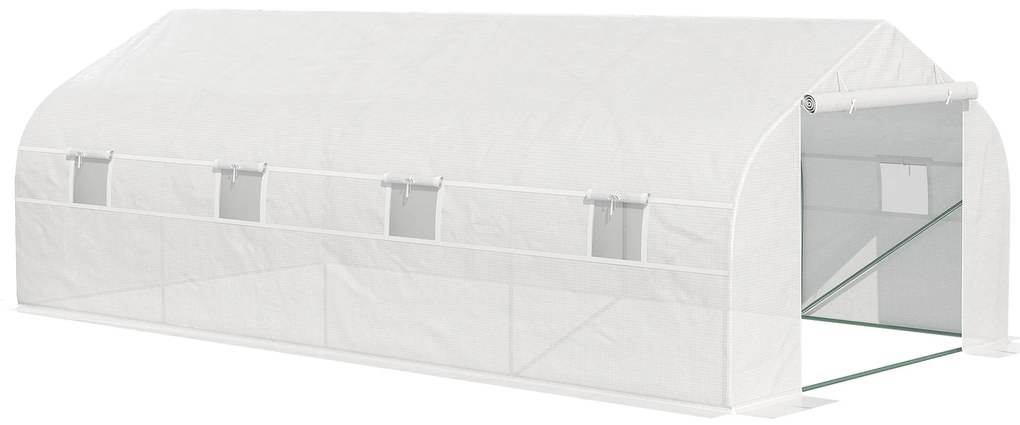 Outsunny Estufa Tipo Túnel de Jardim 600x300x200cm para Cultivo de Plantas Verduras com 8 Janelas e Porta Enroláveis com Zíper Aço Branco