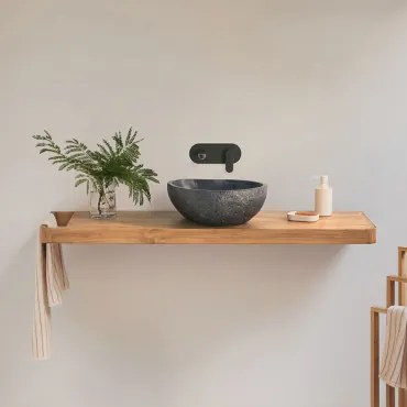 Conjunto De Móvel De Casa De Banho 130x45 Cm Suspenso Em Madeira De Teca Neill Madeira De Teca & Irregular Em Cimento Preto - Sklum