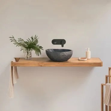 Conjunto De Móvel De Casa De Banho 130x45 Cm Suspenso Em Madeira De Teca Neill Madeira De Teca & Sem Espelho & Irregular Em Cimento Preto ↔︎40 Cm Fedr