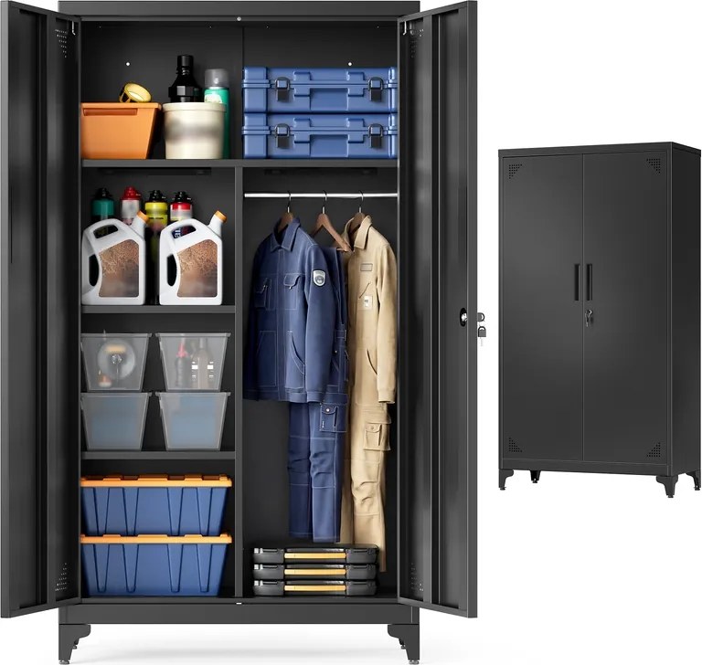 Armário arrumação multifuncional com 2 portas e 5 compartimentos, 80 x 40 x 165 cm, preto mate