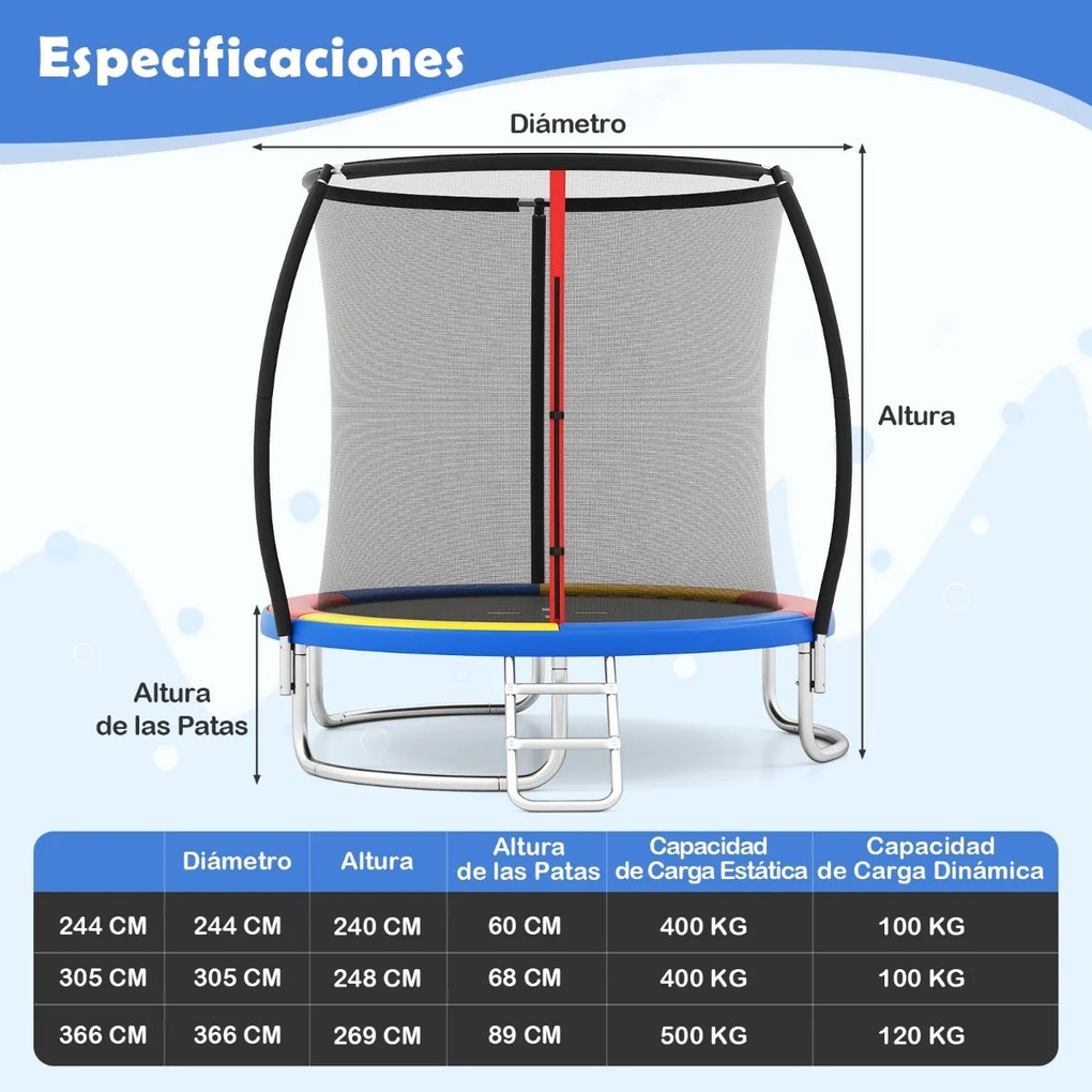 Trampolim exterior 366 cm com rede de segurança, escada e pernas curvas robustas para crianças Multicolor
