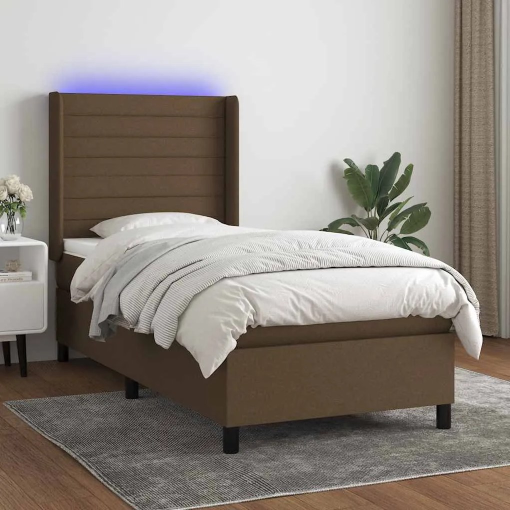 vidaXL Cama box spring c/ colchão/LED 90x200 cm tecido castanho-escuro