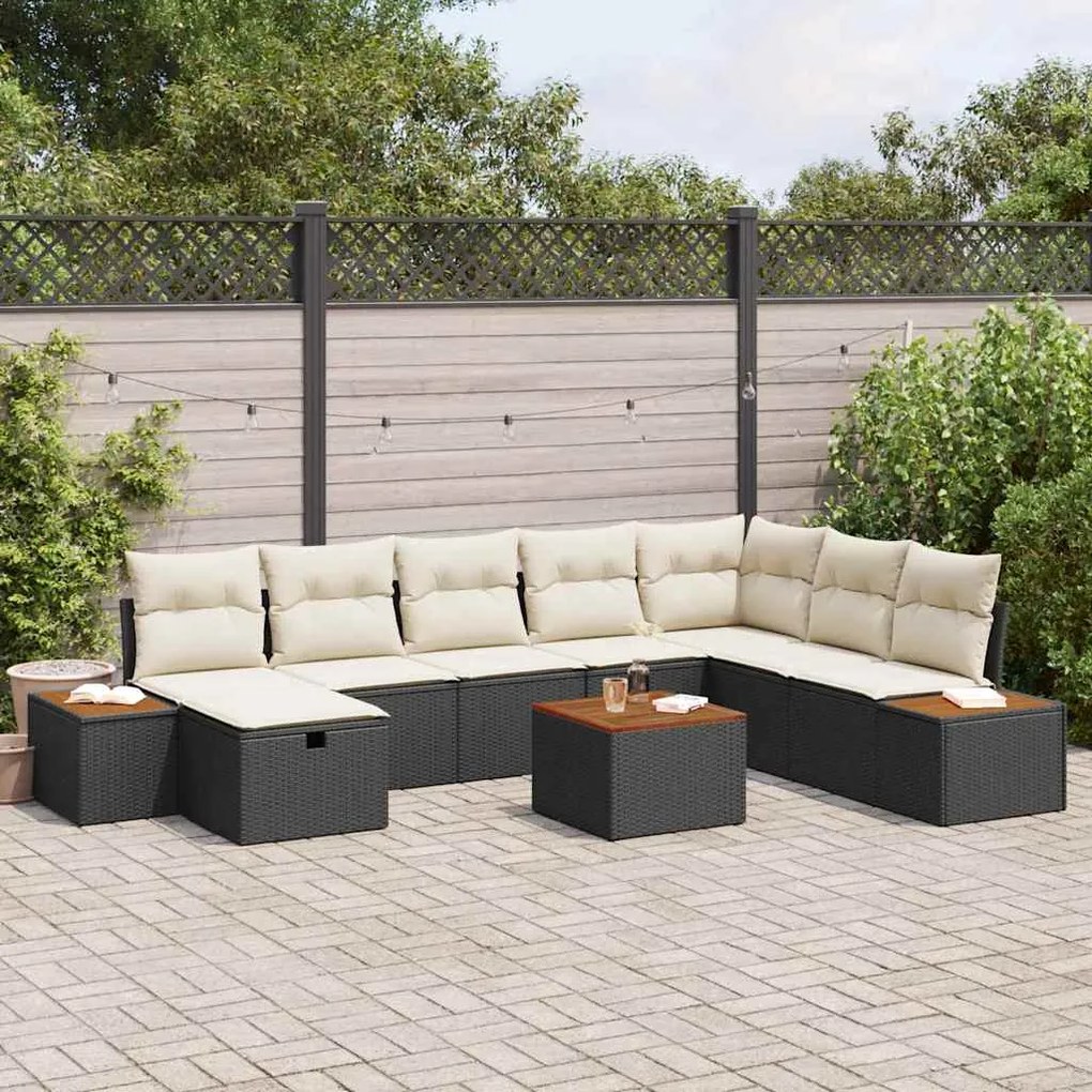 vidaXL Conjunto de Sofá de Jardim com almofada 9 pcs Preto vime PE