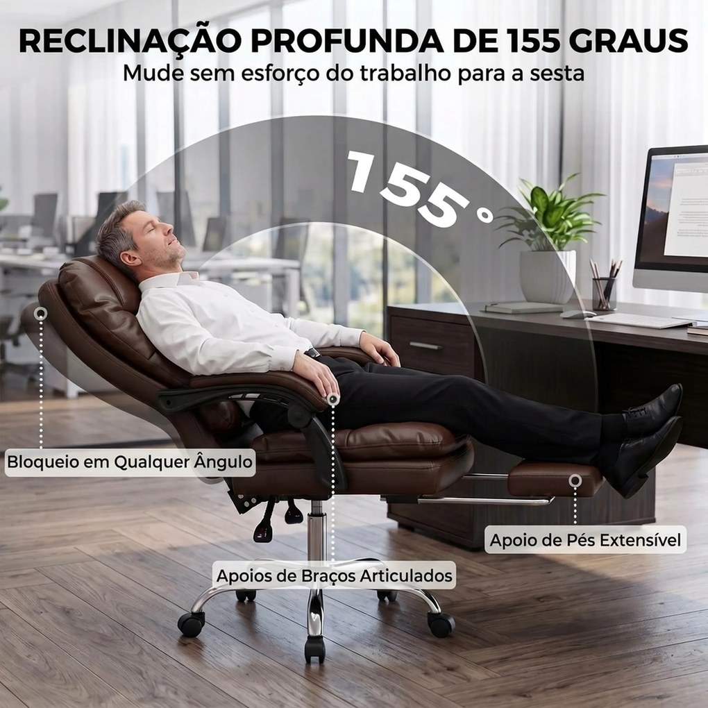 Cadeira de Escritório Ergonómica com Apoio para os Pés Molas Ensacadas Reclinável 155° Encosto Alto Apoio de Cabeça Castanho