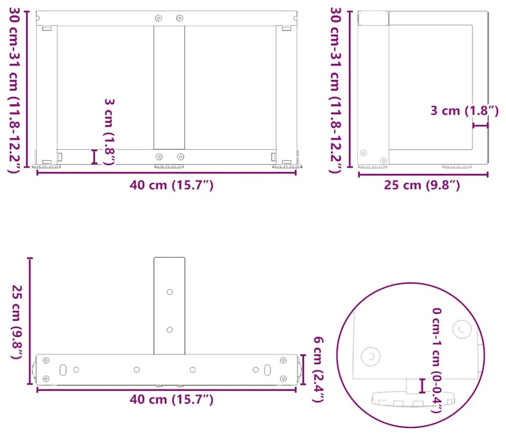 Pés para mesa de centro em forma de T, 2 peças, antracite, 40x25x(30-3