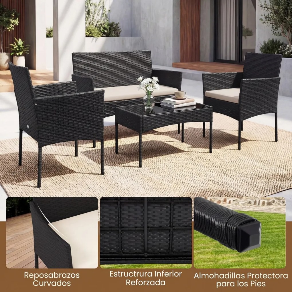 Conjunto de jardim em rattan de 4 peças, com 2 poltronas, sofá de 2 lugares, mesa auxiliar e almofadas de espuma, para alpendre, pátio ou terraço, Pre