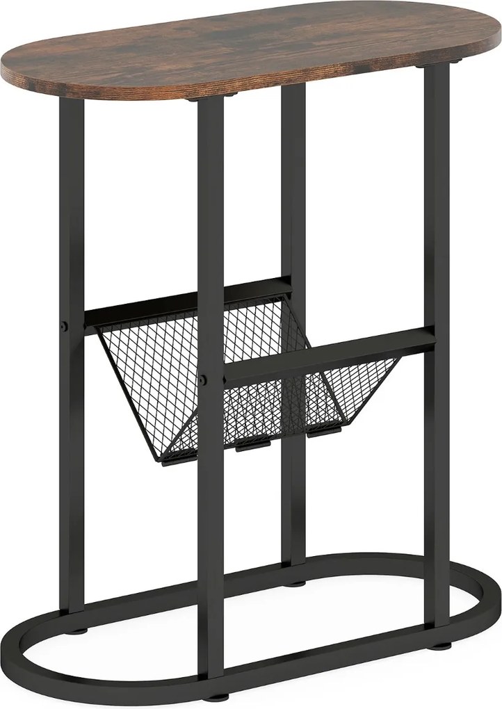 Mesa apoio, mesa de cabeçeira Estreita 60 x 28,5 x 64 cm com Suporte para Revistas Estrutura Metálica Castanho rústico