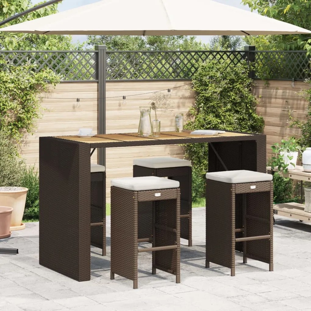 Bancos de bar com almofadões para jardim 4 pcs vime PE castanho