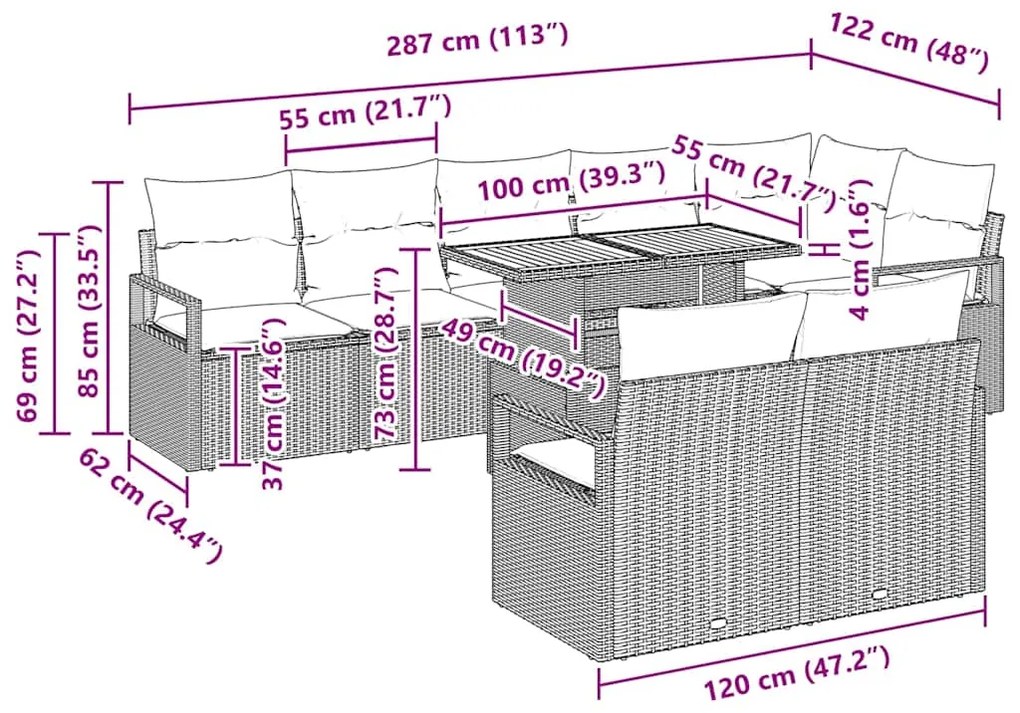 Conjunto de Sofá de Jardim com 9 Peças e Almofadas em Preto e Rattan S