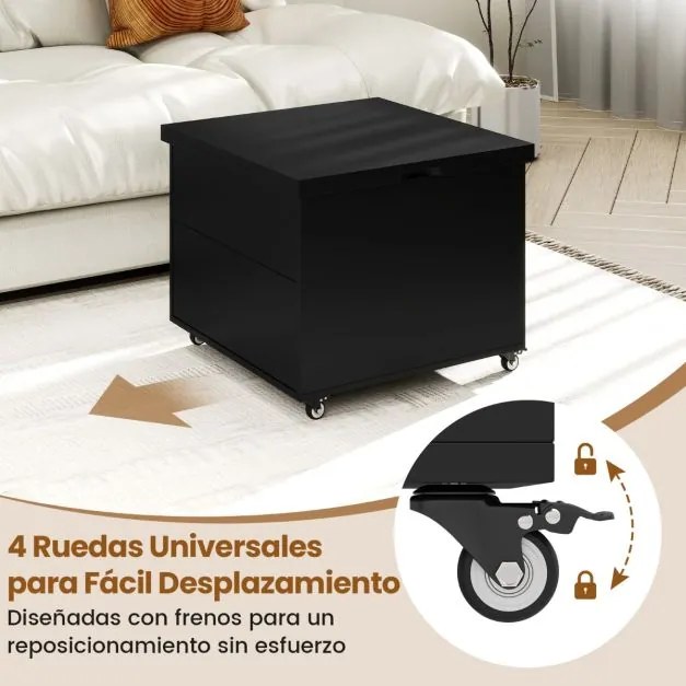 Mesa de centro elevável dobrável 3 em 1 com gaveta de armazenamento oculta e rodas bloqueáveis 360° Móvel preto