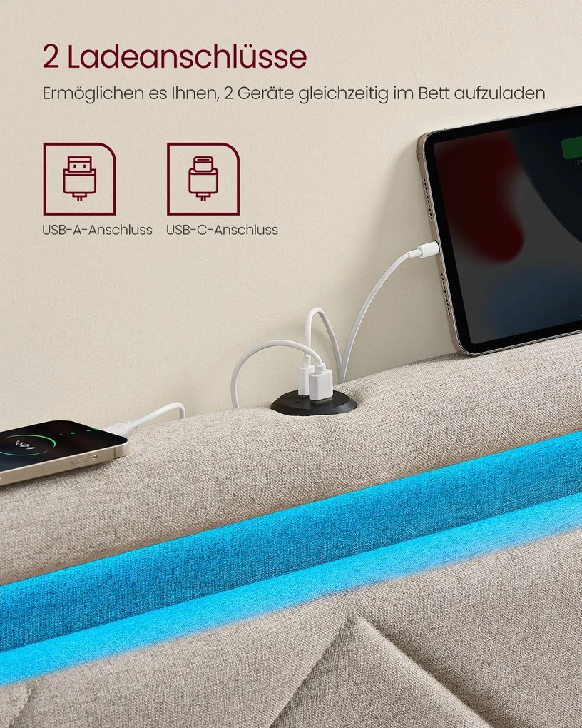 Estrutura de cama casal 140 x 200 cm (COLCHÃO NÃO INCLUIDO) em metal com iluminação LED nas gavetas e cabeceira bege cappuccino
