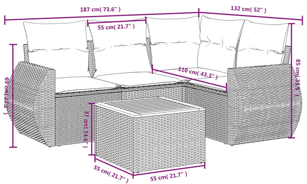 5 pcs conjunto de sofás p/ jardim com almofadões vime PE bege