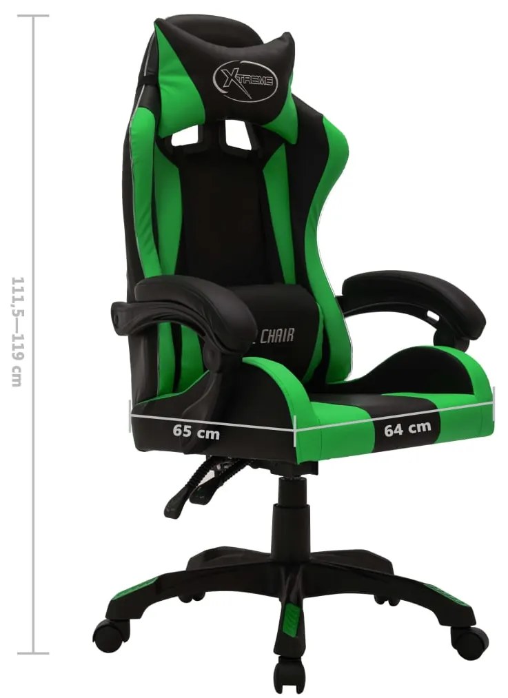 Cadeira estilo corrida luzes LED RGB couro artif. verde/preto