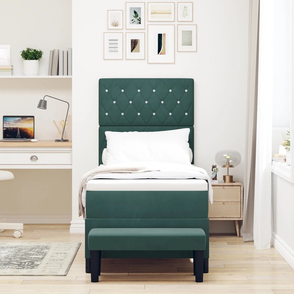 Cama Box Spring com Colchão & Banco Verde Escuro 80x200 cm Veludo