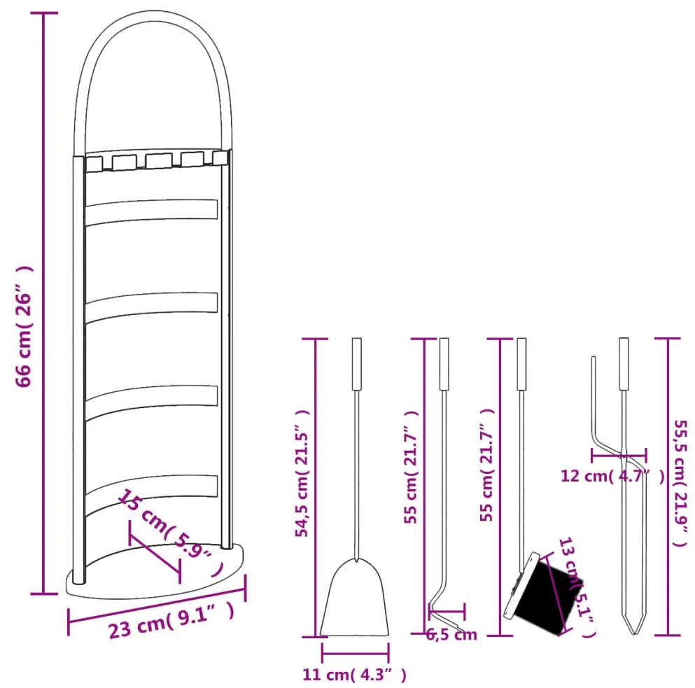 Conjunto de ferramentas para lareira 5 pcs 23x15x66 cm aço