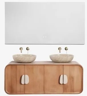 Conjunto De Móvel De Casa De Banho Dupla Suspensa 130x45 Cm Em Madeira De Manga E Pedra Natural Kivalina Retangular Led E Anti-embaciamento 140x75 Cm