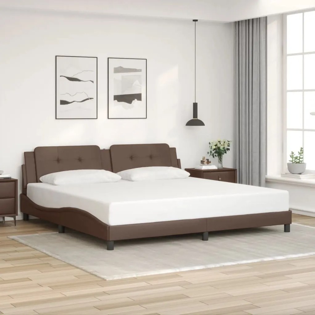 Estrutura cama c/ cabeceira 200x200cm couro artificial castanho