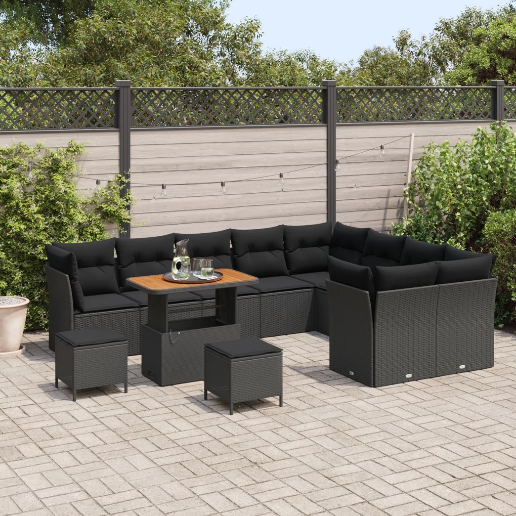 Conjunto de Sofá de Jardim de 12 Peças com Almofadas Preto Rattan Poly