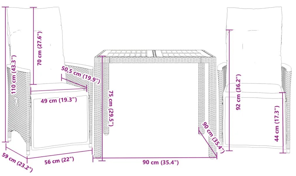 3 pcs conjunto bistrô de jardim c/ almofadões vime PE cinza