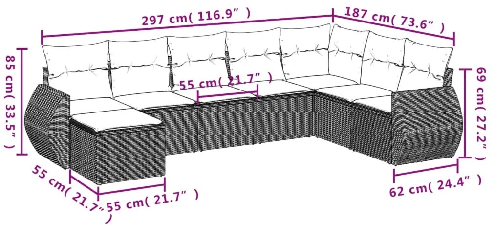 9 pcs conjunto sofás p/ jardim com almofadões vime PE cinzento