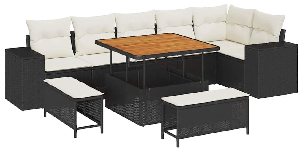 Conjunto de Sofá de Jardim de 9 Peças com Almofadas Preto Rattan Sinté