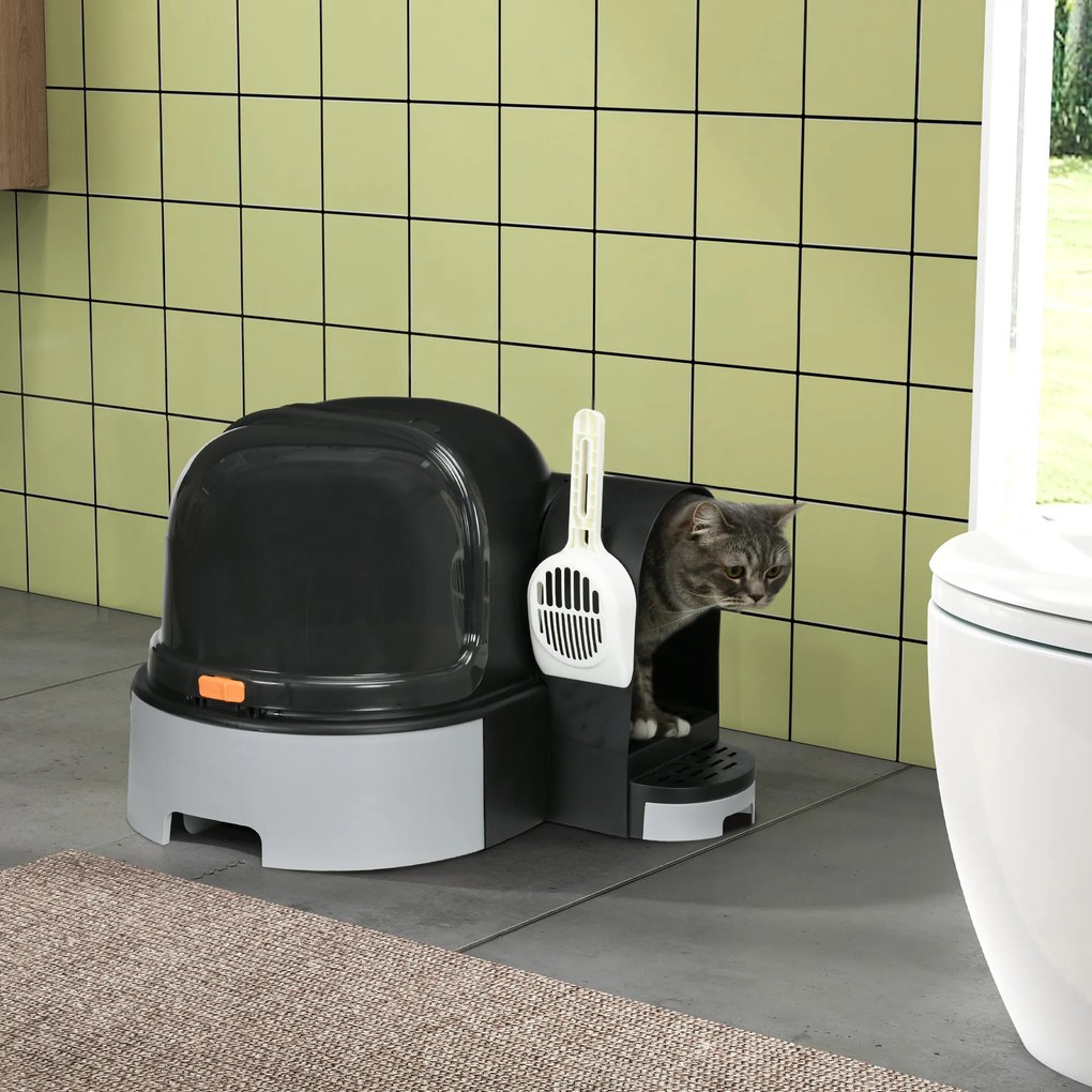 Caixa de areia fechada para gatos 52 x 60 x 42 cm, com compartimento inferior removível para facilitar a limpeza; pá incluída cinzento e preto