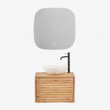 Conjunto De Móveis De Banheiro De Madeira Suspensos Deleyna Madeira Natural & Cimento Redondo Branco Ø40 Cm Zavion & Quadrado Led - Sklum