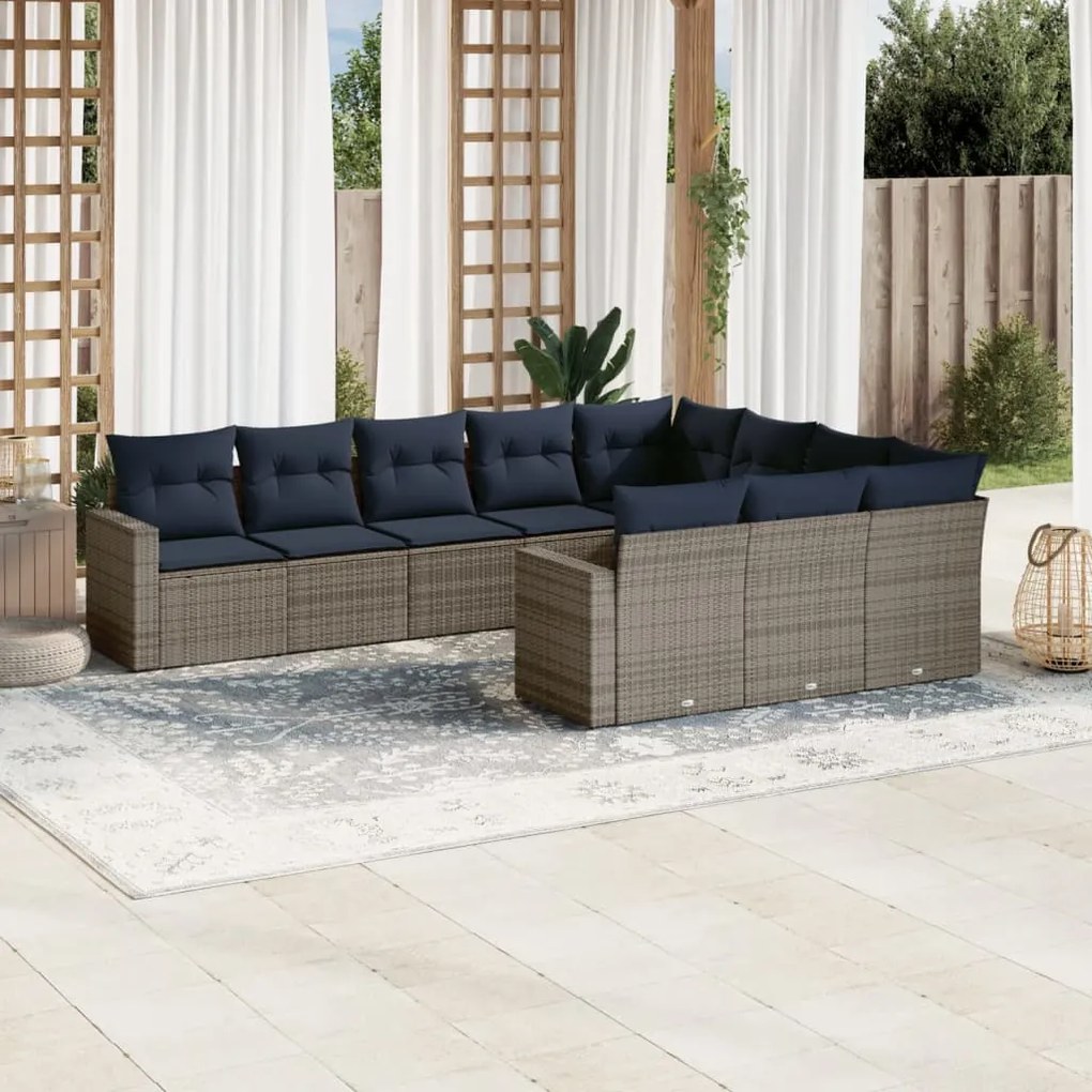 10 pcs conjunto sofás p/ jardim c/ almofadões vime PE cinzento