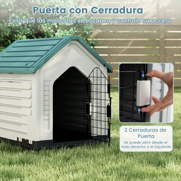 Casota para cães 66,5 x 52 x 60 cm com porta metálica com fechadura e telhado inclinado Boa ventilação para interior e exterior Azul