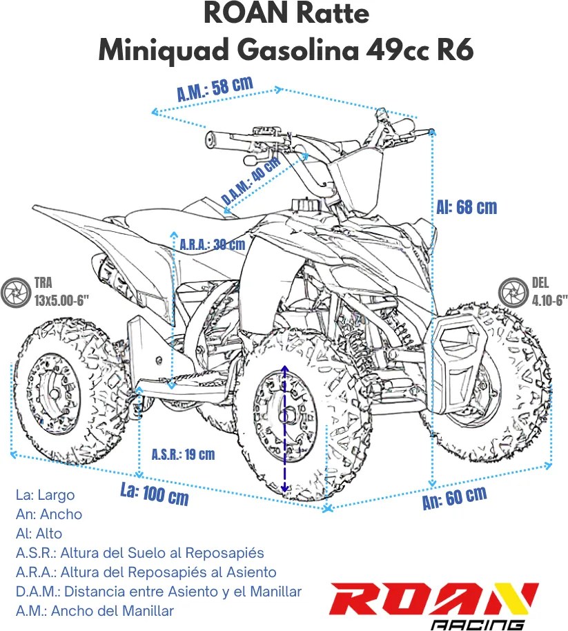 MINI MOTO 4 GASOLINA PARA CRIANÇAS 49cc Roan Ratte R6 4.5cv AZUL