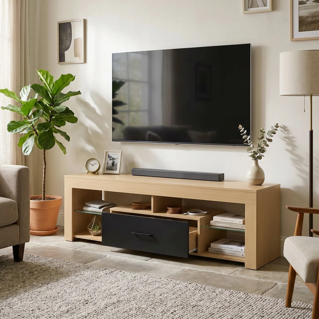 Móvel de TV 140 x 40 x 45 cm, móvel para televisor de 65 polegadas com prateleiras de vidro ajustáveis, gaveta e compartimentos abertos, cor carvalho