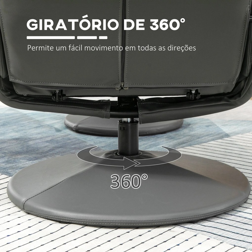 Poltrona Relax com Apoio para os Pés Estofada em PU Poltrona Relax Reclinável até 135° e Giratória 360° com Encosto Ajustável para Sala de Estar Dormi