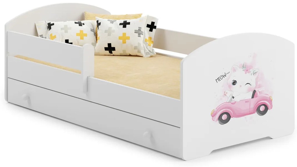 Cama infantil branca Luk gato 160x80 com gaveta - colchão e estrado incluído