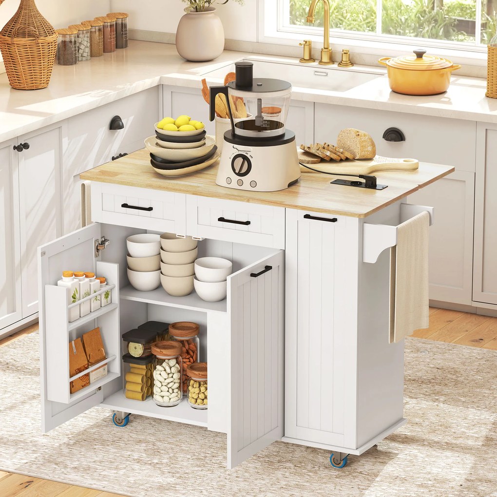 Carrinho de Cozinha, Ilha de Cozinha com Rodas com Tomada USB Bancada Rebatível 2 Gavetas 119,5x74x94,5 cm Branco