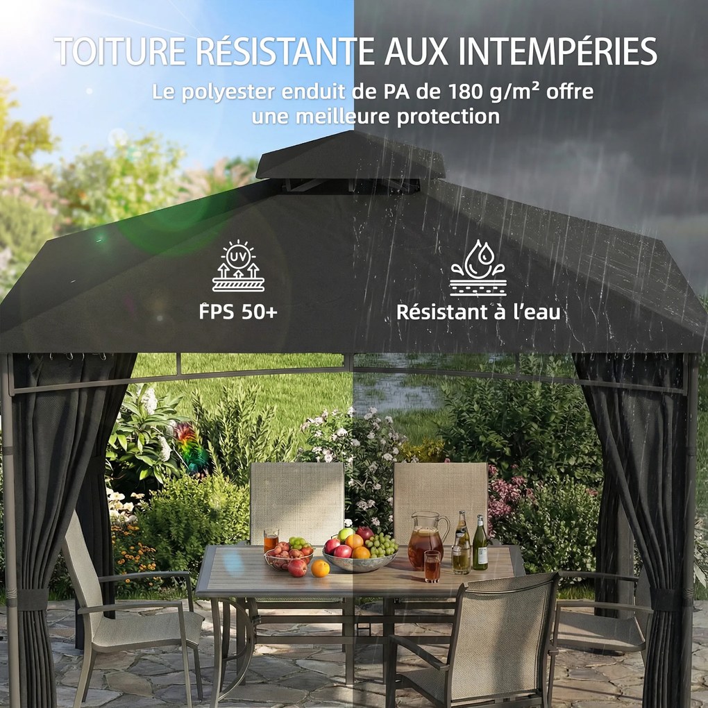 Tenda de jardim 3x3 m para exterior com estrutura retrátil e cobertura dupla UV50+ impermeável, cinza antracite