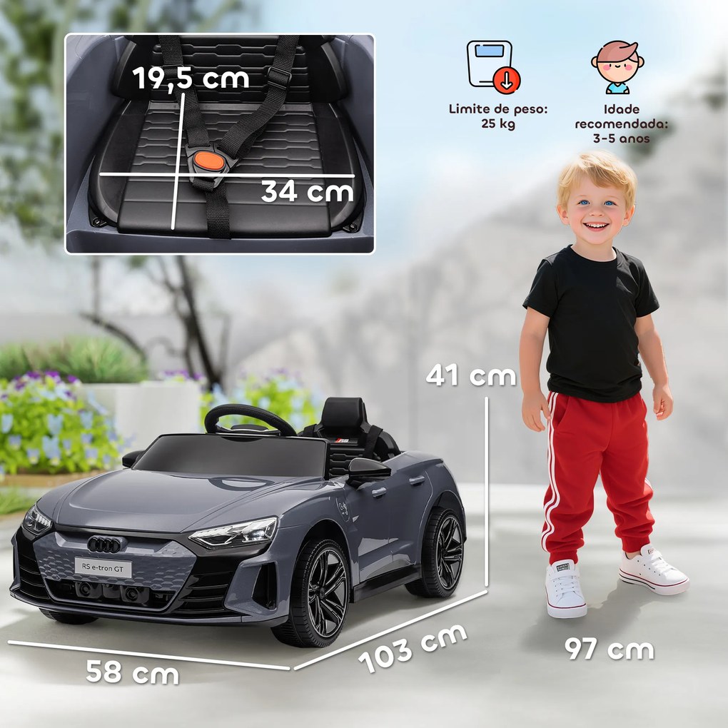 Carro Elétrico AUDI RS E-Tron GT 12V com 2 Motores Faróis LED Buzina Música USB 3-5km/h 103x58x41 cm Cinzento