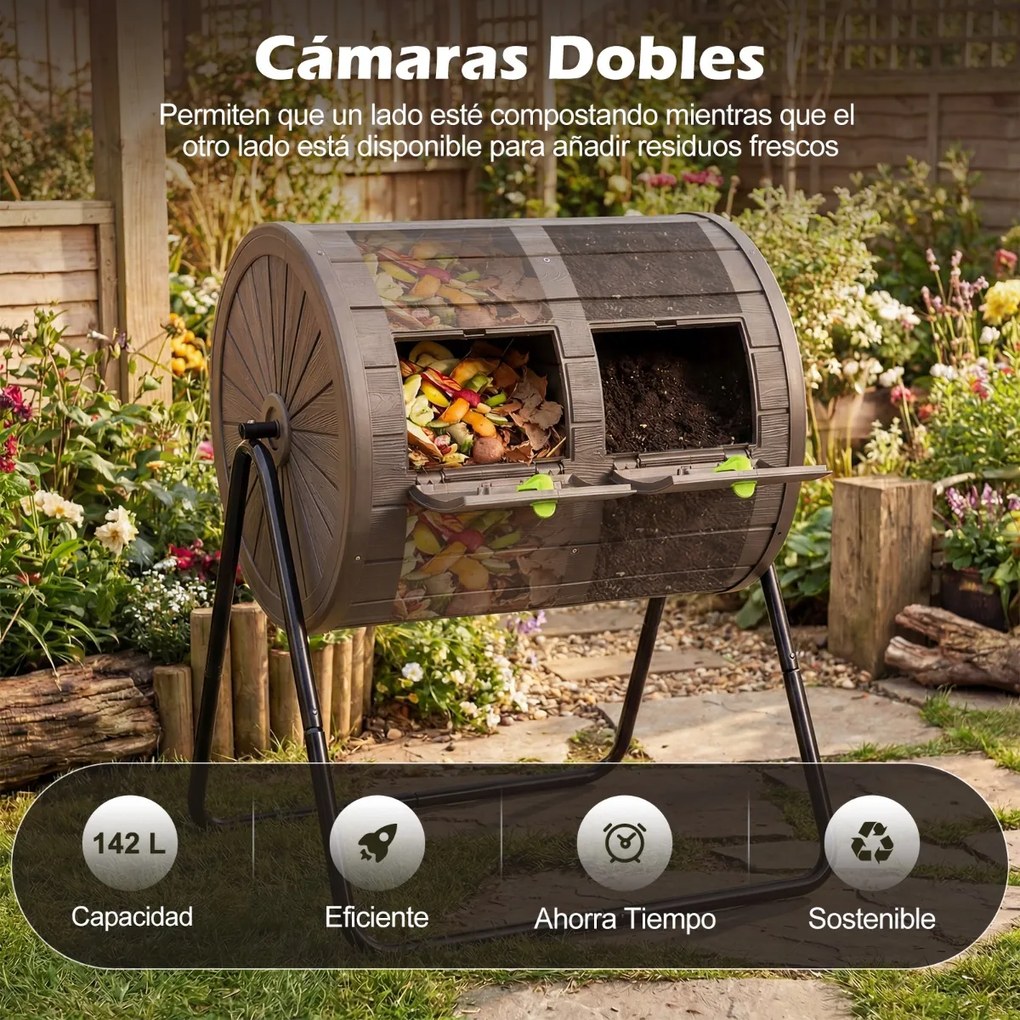 Compostor giratório para jardim com 142 L e câmara dupla, rotação eficiente de 360 graus, cor castanha