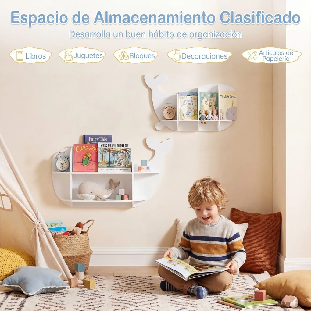 Conjunto de 2 prateleiras suspensas em forma de baleia com compartimentos abertos - Estante suspensa em madeira para quarto infantil ou creche - Branc