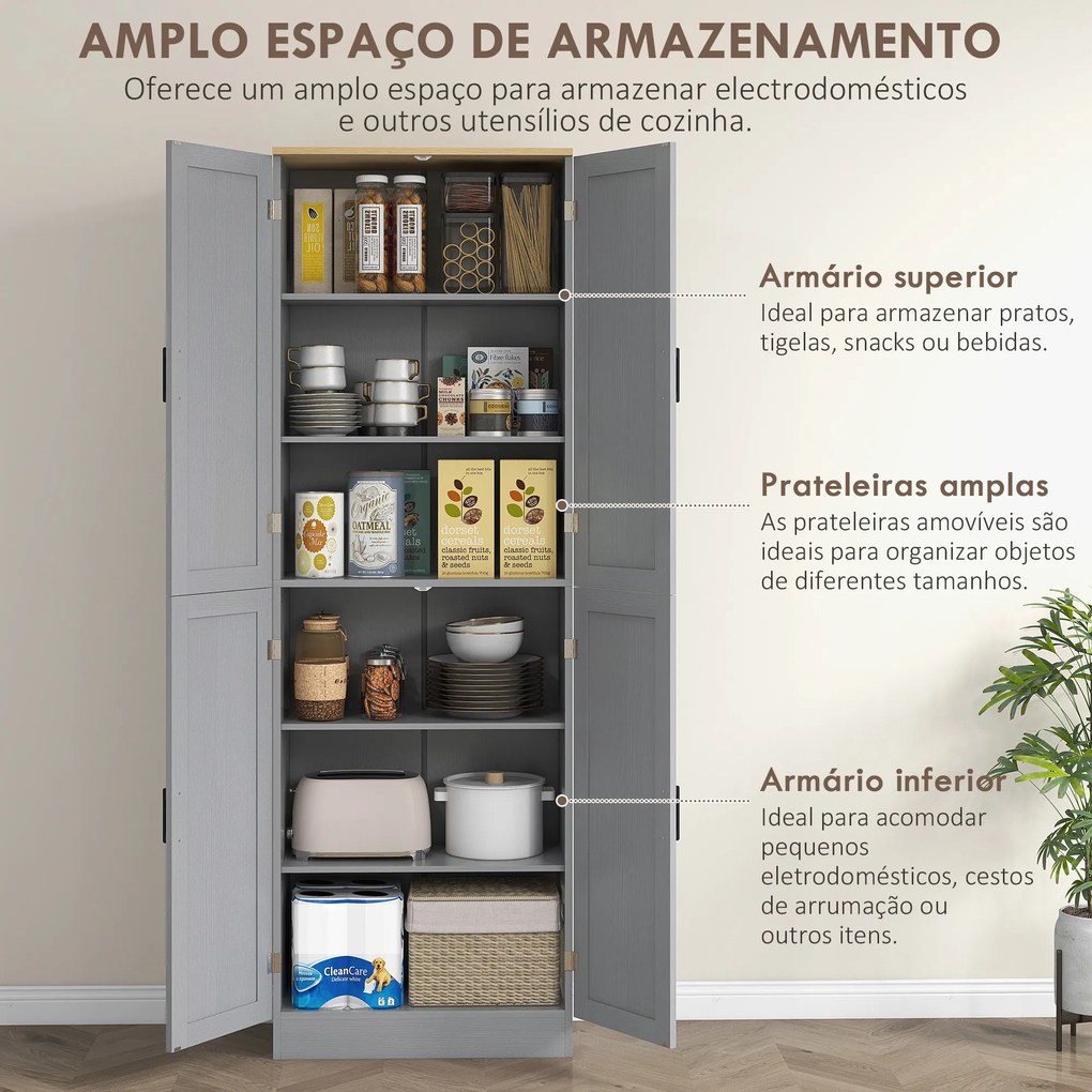 Armário de Cozinha com 4 Portas e Prateleiras Ajustáveis Anti-Tombo 60x30x171 cm Cinzento