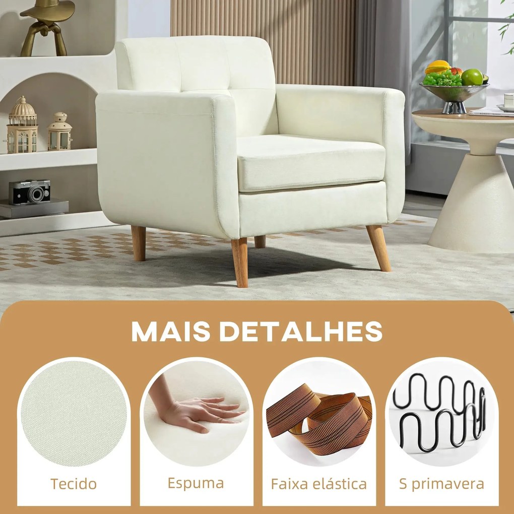 Poltrona Eira em Linho Creme - Madeira de Eucalipto e Borracha - 78x70