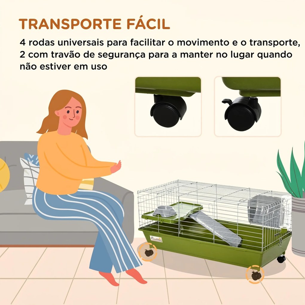 Gaiola para Pequenos Animais com Rodas Bebedouro Comedouro e Dispensador de Feno para Coelhos e Porquinhos-da-Índia 89x44x43 cm Verde