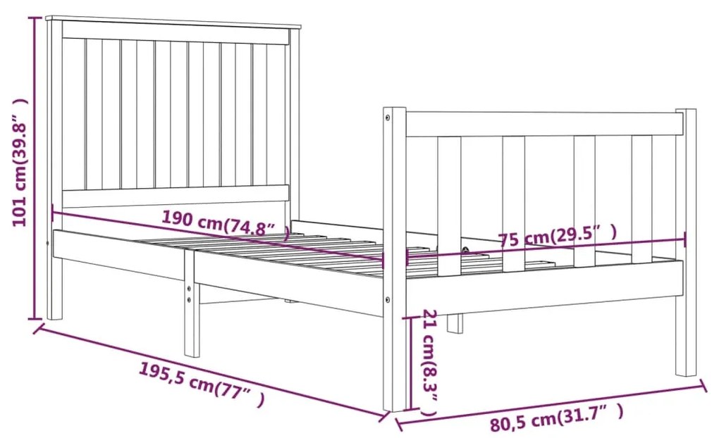 Estrutura de cama pequena solteiro 75x190 cm pinho maciço preto