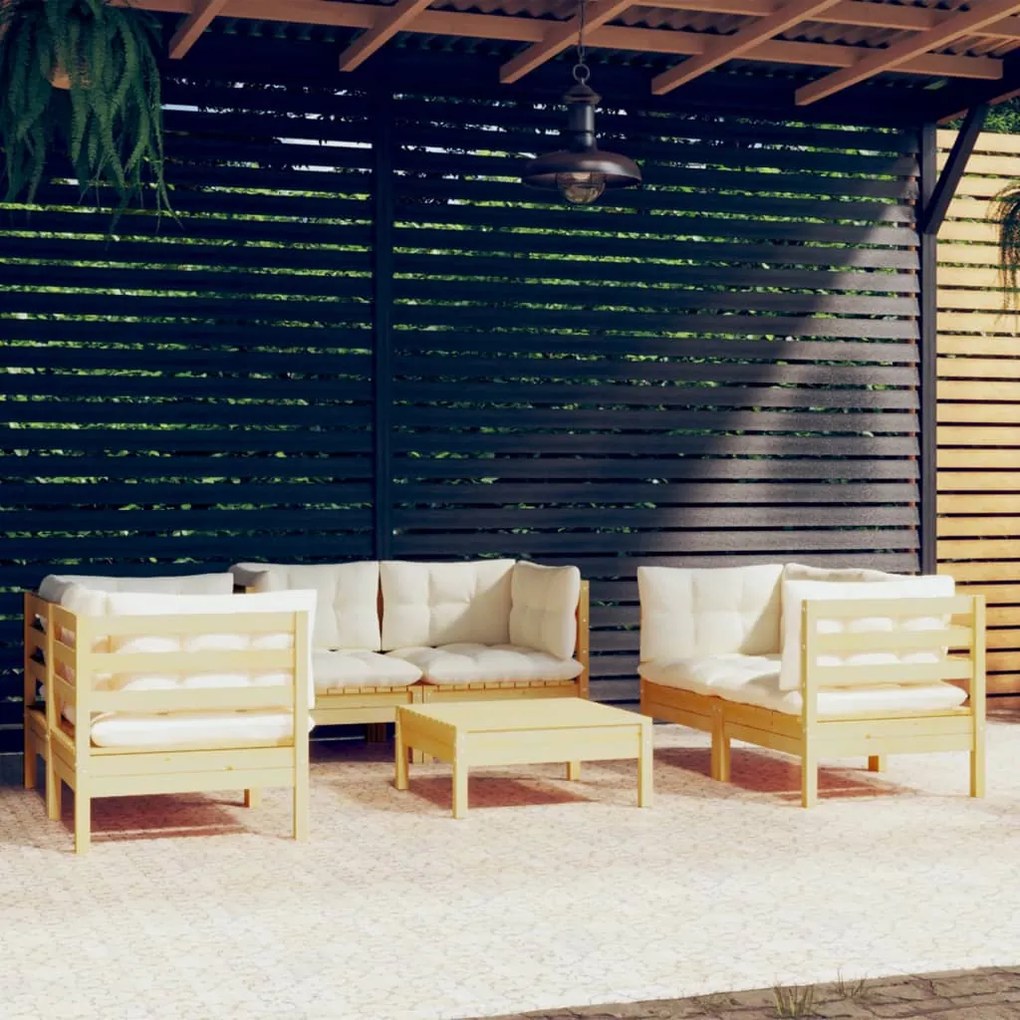 vidaXL 7 pcs conjunto lounge jardim c/ almofadões creme pinho maciço