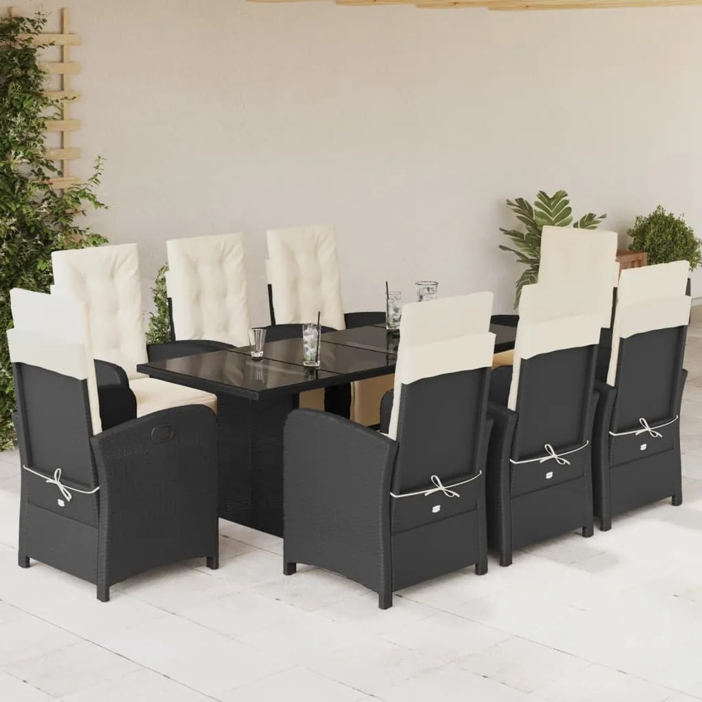 9 pcs conjunto de jantar p/ jardim c/ almofadões vime PE preto