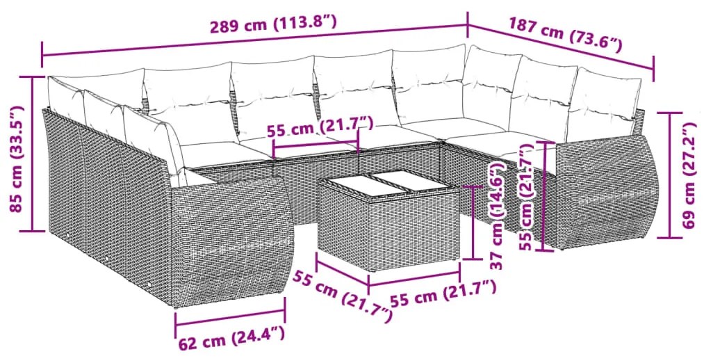 10 pcs conj. sofás jardim com almofadões vime PE cinzento-claro