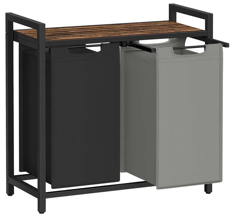 Cesto para roupa suja 2 x 46 litros com prateleira 73 x 33 x 72 cm preto + cinzento + castanho vintage