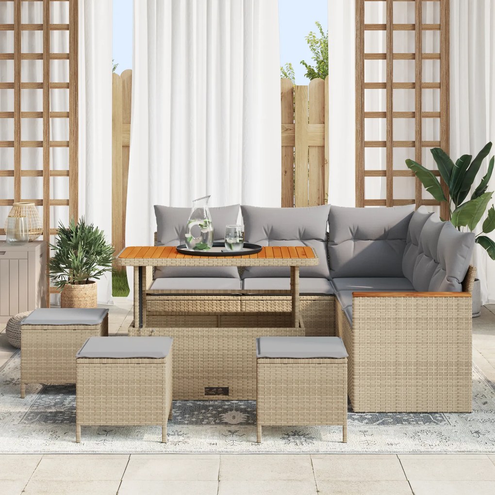 Conjunto de Sofá de Jardim de 9 peças com Almofadas em Bege de Vime Po