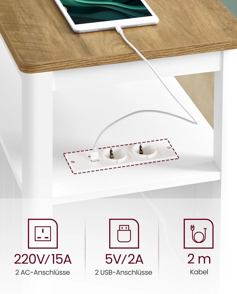 Mesa de apoio, mesa cabeçeira estreita com 2 tomadas eléctricas, 2 portas USB 60 x 35 x 60 cor nogueira castanho-branco